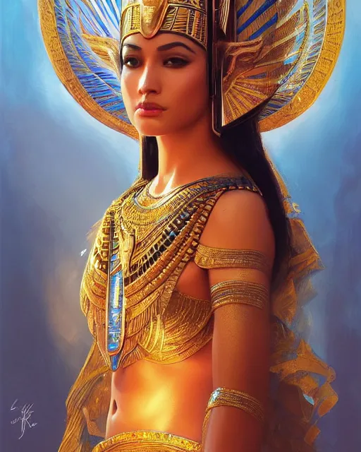 Image similar to Jessica Kahawaty as a beautiful egyptian princess, gorgeous, portrait, Symmetrical, powerful, intricate, beautiful, masterpiece, elegant, volumetric lighting, dramatic lighting, highly detailed, artstation, sharp focus, no cropping, illustration, Artgerm, Jean-Léon Gérôme , ruan jia