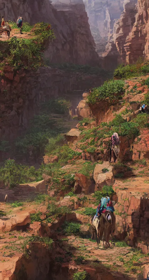 Image similar to canyon, ground filled with flowers, camel traders walking through, artstation