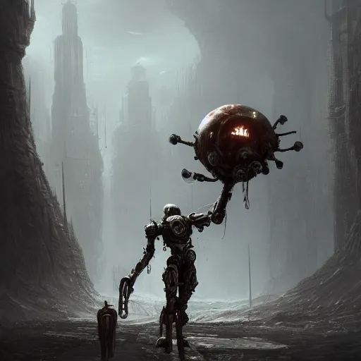 Image similar to Anthropomorphic athletic rusty robot in creepy environment,sci fi,concept art,matte painting, creepy,sci fi,in Gears of War cover art, ultra wide lens shot, beautiful, DnD character art portrait, matte fantasy painting, eerie, DeviantArt Artstation, by Jason Felix by Steve Argyle by Tyler Jacobson by Peter Mohrbacher, cinematic lighting