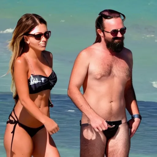 Image similar to photo of a 4 0 year old man that looks young for his age dating a very attractive 2 2 year old woman wearing a bikini. his wife is visibly upset in the background. lol