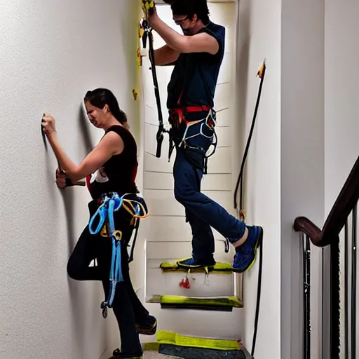 Image similar to A climbing expedition climbing the stairs of a regular apartment building. They are using ropes, pickaxes and other professional climbing gear in order to climb the stairs. Photograph, f/8, room lighting, indoor