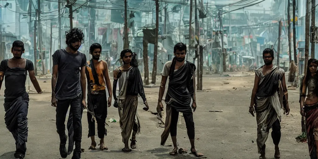 Prompt: sri lankan cyberpunk gang, film still, epic shot cinematography, rule of thirds, fantasy movie style