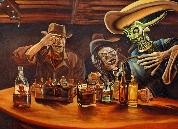 Prompt: aliens drinking whiskey in a western bar, painting, detailed, sharpness, moody