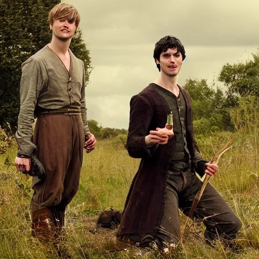 Prompt: Bradley James and Colin Morgan. From the television show Merlin (2008). In a beautiful meadow in love, happy; by William Blake and Thomas Eakins trending on Artstation, masterpiece, 4k