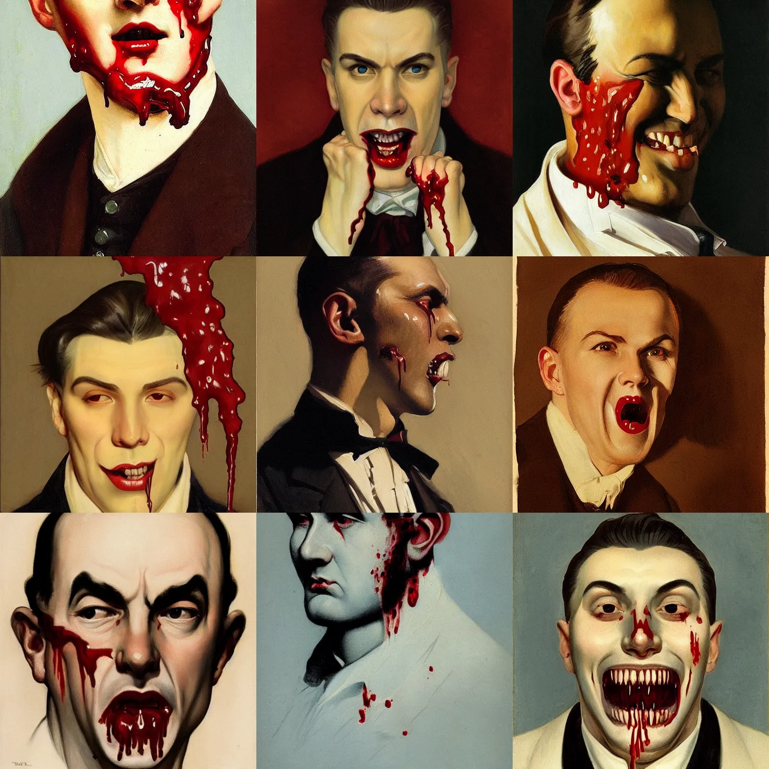 Prompt: “bottom half of face portrait shot of blood dripping down a male vampire’s mouth chin and neck, as painted by leyendecker”