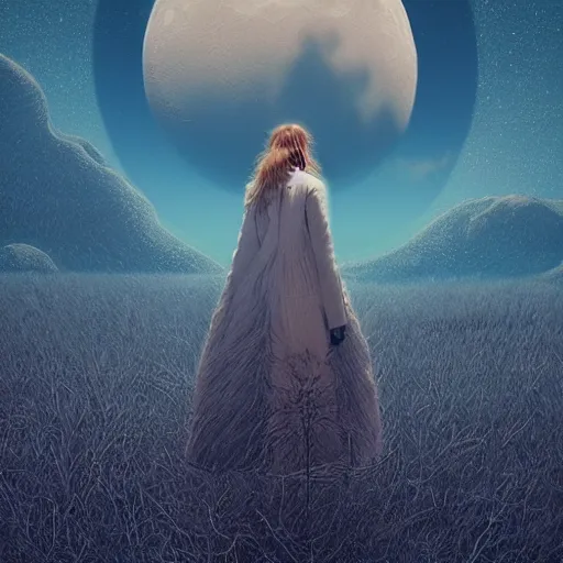 Image similar to a woman with long hair standing in front of a moon, digital art by mike winkelmann, trending on cgsociety, space art, sense of awe, cosmic horror, chillwave