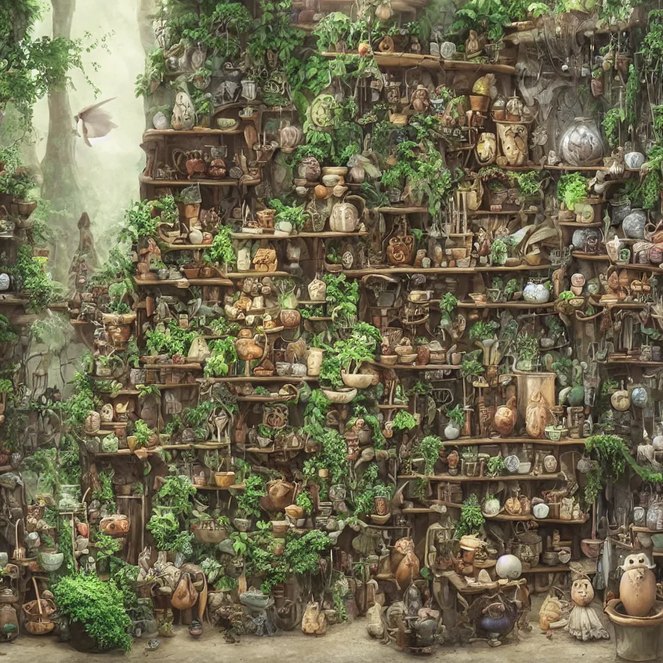 Prompt: small witch shop, counter, cauldrons, potions, visitor!!! in a pointy hat!!, holding an owl, ferns and plants in pots, highly detailed, sharp focus, matte painting, by studio ghibli, by giovani magana,