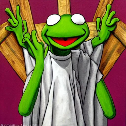 Image similar to Painting of Kermit the Frog from Sesame Street as Jesus Christ being crucified