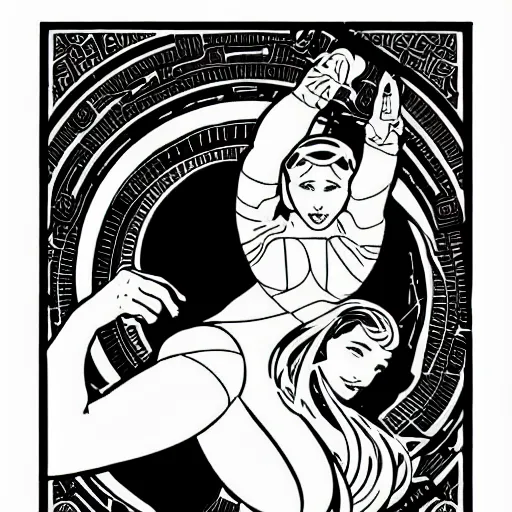 Image similar to clean simple line art with heavy black outlines of a woman floating in space wearing a space suit. no background. well composed, clean coloring book page, beautiful detailed face. coloring book line art by mike mignola and steve ditko and alphonse mucha