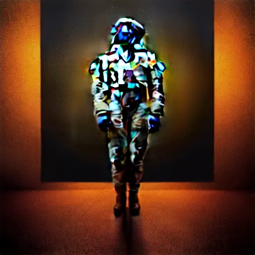 Image similar to full-body dark creepy baroque style oil painting realism a decapitated astronaut with futuristic elements. he welcomes you under with no head, empty helmet inside is occult mystical symbolism headless full-length view. standing on ancient altar eldritch energies lighting forming around disturbing frightening intricate renaissance, digital illustration hyper realism, 8k, depth of field, 3D