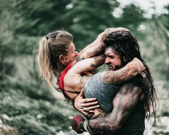 Image similar to Orc woman carrying human man in her arms, happy couple photograph