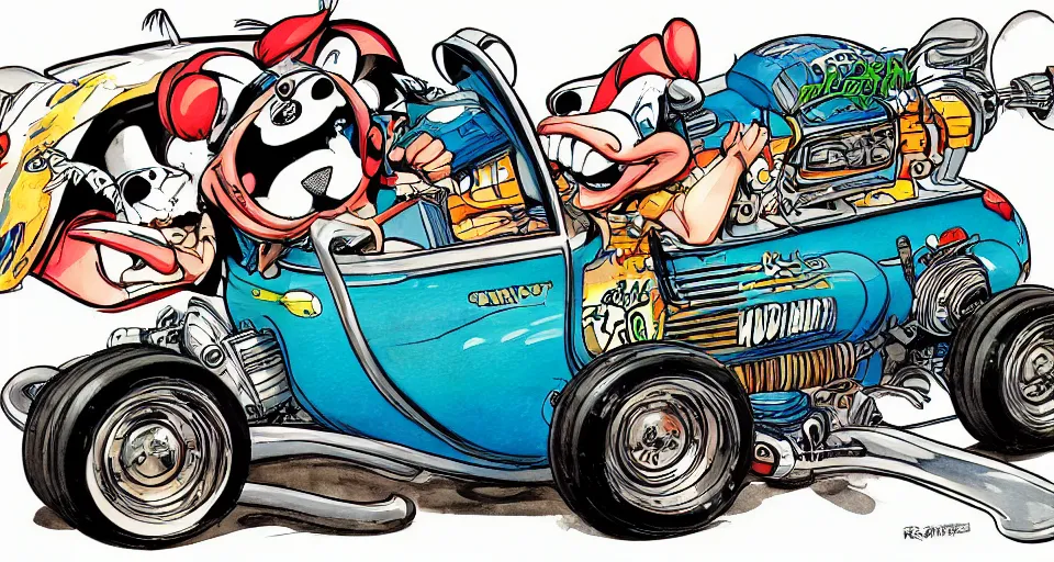 Image similar to funny, comic book style, racoon riding in a tiny hot rod coupe with oversized engine, ratfink style by ed roth, centered award winning watercolor pen illustration, by chihiro iwasaki, edited by range murata