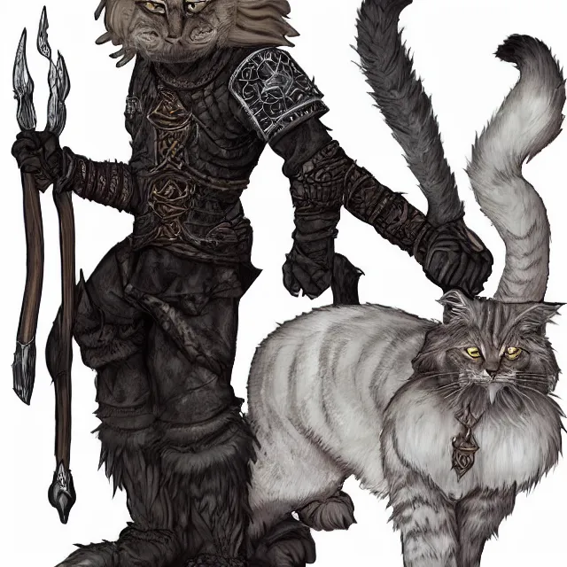 Image similar to khajit tabaxi catfolk humanoid adventurer with maine coon features and black fur holding two shortswords cloaked in shadow and wearing leather armor, dungeons and dragons, pure white background, fantasy, tarot card style, half body portrait, high detail, hyper realistic