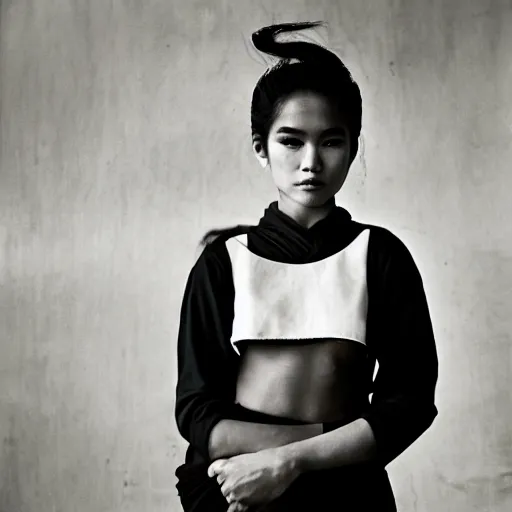 Image similar to A Filipino girl dressed as Morrissey, portrait, by Peter Lindbergh