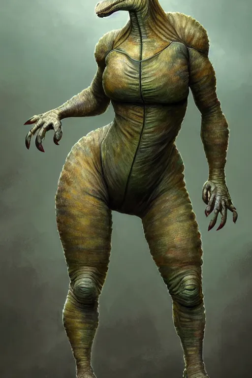 Prompt: epic professional digital art of female human - iguanodon hybrid animal wearing air force jumpsuit, iguanodon dinosaur tail, painting, by lisa roet, reyna rochin, iris van herpen, leesha hannigan, artstation, cgsocietywlop, epic, much wow, much detail, gorgeous, detailed, cinematic, masterpiece