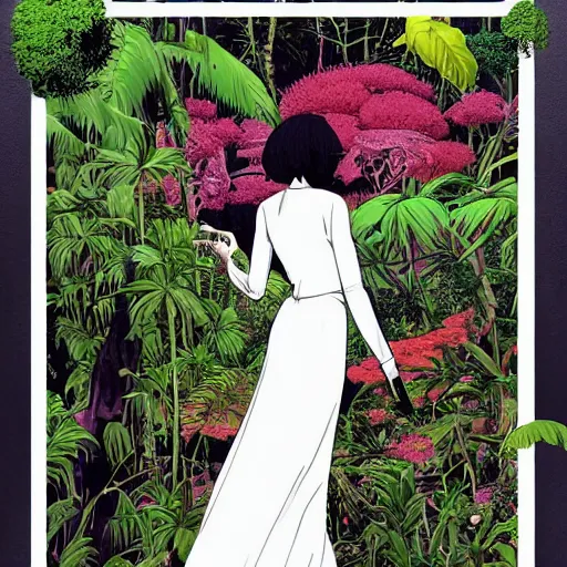 Image similar to elegant woman, white dress, dense jungle, trees, huge flowers, risograph!, omnious, dark, oldschool vintage sci - fi flat surreal design, super - detailed, painting by moebius and satoshi kon and jodorowski and katsuhiro otomo and kim jung gi, hd, 4 k, high quality