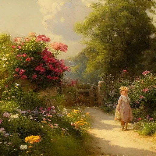 Image similar to landscape jean-Baptiste Monge and Solomon Joseph Solomon and Richard Schmid and Jeremy Lipking victorian landscape genre painting portrait painting of an english country cottage with a stone path and flower garden