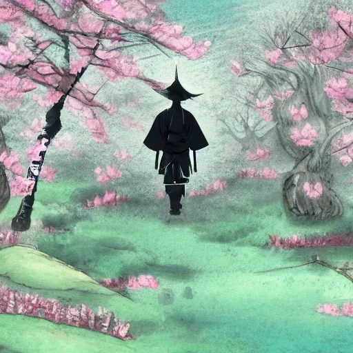 Prompt: A lone sad samurai watching over a valley of cherry blossom trees, water color painting, concept art, HD —width 1408