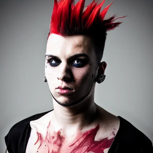 Prompt: young man with a short red dyed mohawk, red eyes and a slim face, dressed in punk clothing, punk style, headshot photo, attractive, handsome, in color, no lipstick, model
