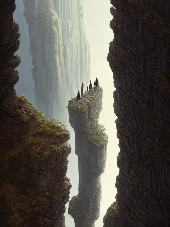 Prompt: bride and groom centered, high symmetry, intimacy, realism, intricate abstract, elegant, looking down a cliff, tall pillar, short perspective, neutral colors, dark lighting, by greg rutkowski, by simon stalenhag
