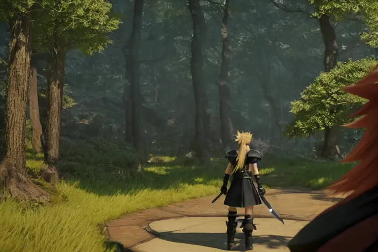 Image similar to game trailer of a final fantasy 7 for playstation by studio ghibli, sharp, final fantasy seven trailer still, steampunk forest, landscape, cinematic lighting, ray tracing, unreal engine 5, photorealistic