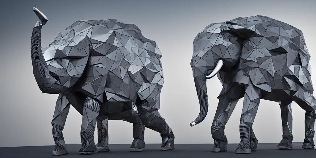 Prompt: robotic elephant with low-poly body-armor, intricate detail, military-grade, futuristic, zaha hadid, 4k, watercooling, unreal engine