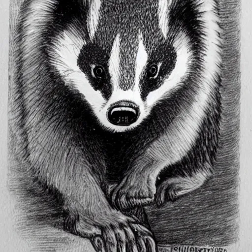 Prompt: pen and ink drawing of a very fine looking badger