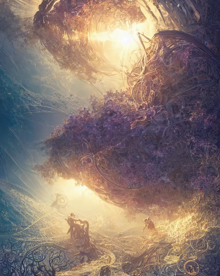 Image similar to Quantum entanglement, intricate, elegant, fantasy, sci-fi, highly detailed, digital painting, concept art, sharp focus, illustration, beautiful volumetric lighting, epic light, artstation, magic hour lighting, colorful, sunshine, springtime, art by Sylvain Sarrailh and Ernst Haeckel