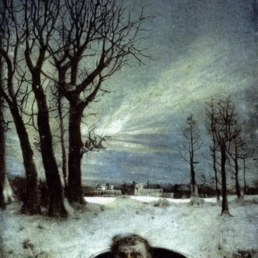Prompt: in the depth of night a single unblinking eye looms in the sky above bare trees and snow-covered countryside, cosmic horror, Arnold Böcklin