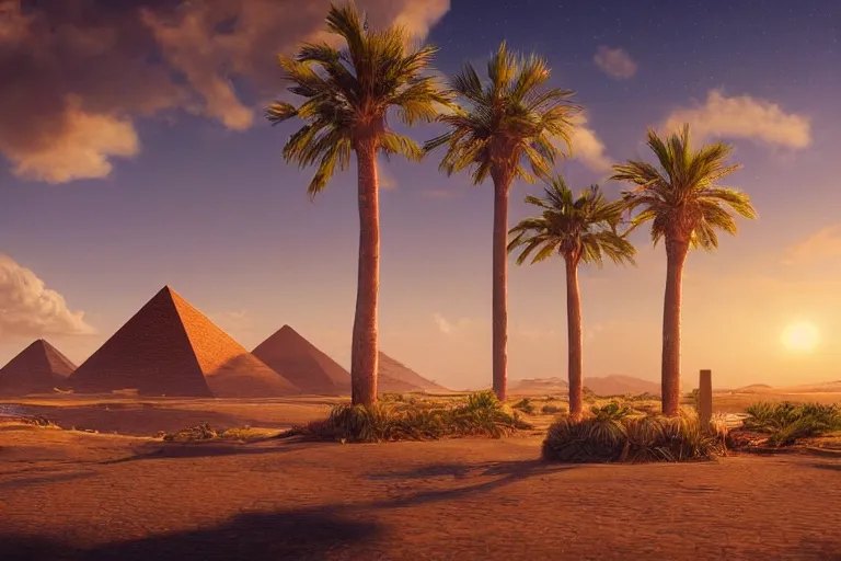 Image similar to beautiful digital painting of an oasis with palm trees, in a large desert landscape, with ancient golden pyramids with carved runes, some clouds on the horizon, by lee madgwick and wlop, 8 k, intricate, cinematic lights, atmospheric effects in the background, octane render, artstation, summer color scheme