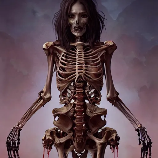 Image similar to human skeleton covered with blood, ultra realistic, concept art, intricate details, highly detailed, photorealistic, octane render, 8 k, unreal engine. art by artgerm and greg rutkowski and alphonse mucha