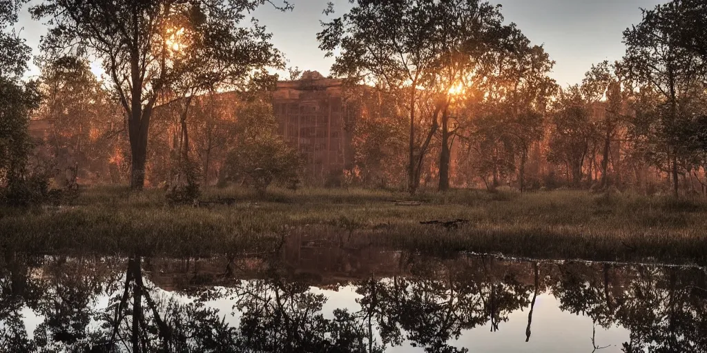 Image similar to abandoned huge building in shape of skull, puddles of water, trees, sunrise, orange glow, by greg rutkowsky and ivan shishkin,