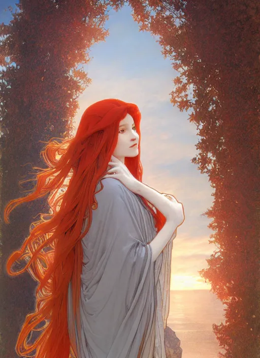 Image similar to beautiful young woman with long red hair watches the sunrise while wearing a grey cloak and hood, path traced, highly detailed, high quality, digital painting, by alphonse mucha, disney