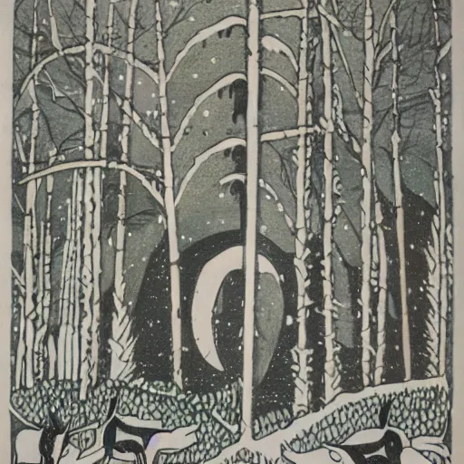 Prompt: haida art depiction of a winter forest with snow and wolves