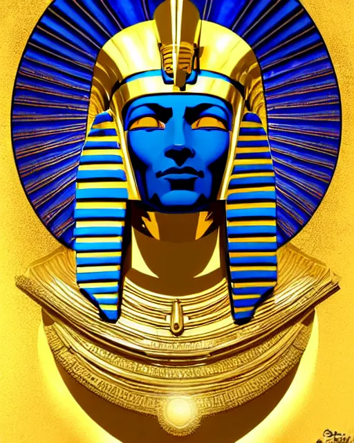 Image similar to a pharaoh made of blue crystal with a golden mask and helmet hovers ominously in the air inside a high - tech tomb, comic cover painting, masterpiece artstation. 8 k, sharp high quality artwork in style of wayne reynolds, alphonse mucha, arthur adams, greg rutkowski, and don bluth, concept art by jack kirby