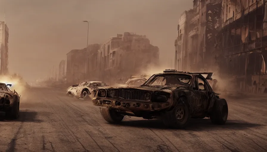 Prompt: racing in the streets of destroyed marseille in mad max, lightning, sandstorm, cars, hyperdetailed, artstation, cgsociety, 8 k