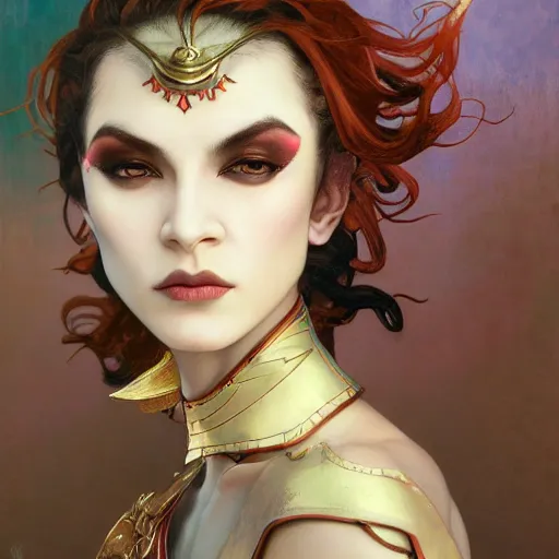 Image similar to a beautiful and androgynous half - elf with medium dark skin tone and messy short red hair and copper eyes with slit pupils, dressed in a colorful jodhpuri suit, dnd character, golden aura, realistic portrait by ross tran and gerald brom and kehinde wiley and fernando amorsolo and alphonse mucha, trending on artstation