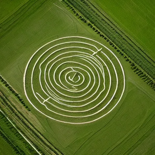 Prompt: spooky crop circles seen from a helicopter