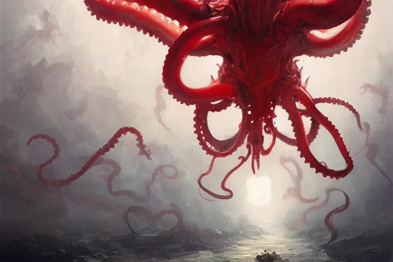 Image similar to painting by greg rutkowski of a flying chalk white head, with tentacles coming of the neck, red eyes, flying in a terrying hell like cavernous place