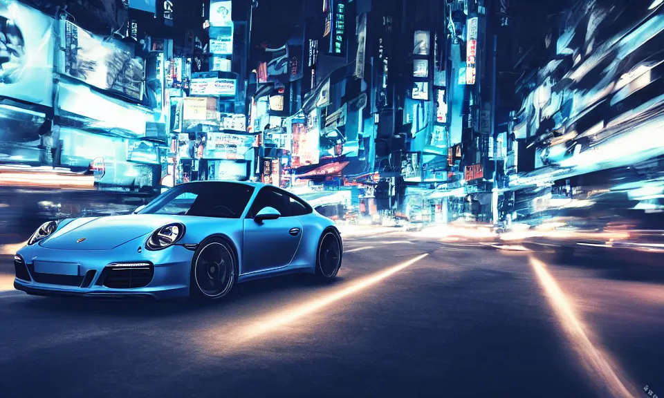 Prompt: photo of a porsche 911 at night drifting through a city, highly detailed, cyberpunk, octane render, cinematic, 4k, long exposure photography, tokyo drift, fast and furious, film still, night photography, motion blur, lens flare, movie shot, light trail, distortion, wide angle