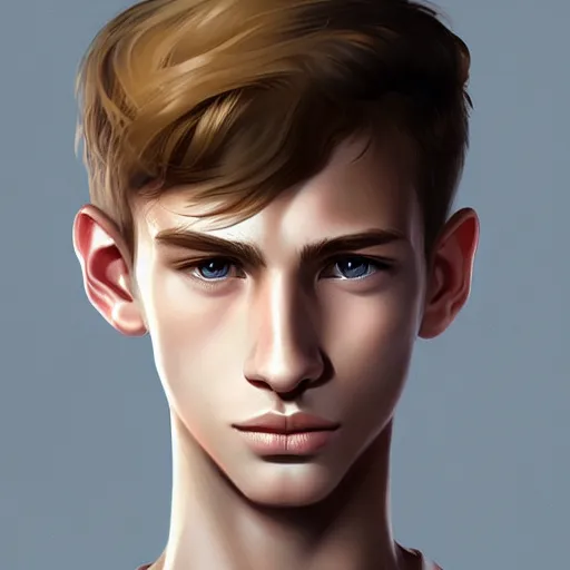 Image similar to teenage boy with brown blond short quiff hair and thin slightly round facial structure with cleft chin, bumpy nose, good definition of cheekbones, hazel nut brown eyes, narrow face, slim body, atmospheric lighting, painted, intricate, 4k, highly detailed by Charlie Bowater