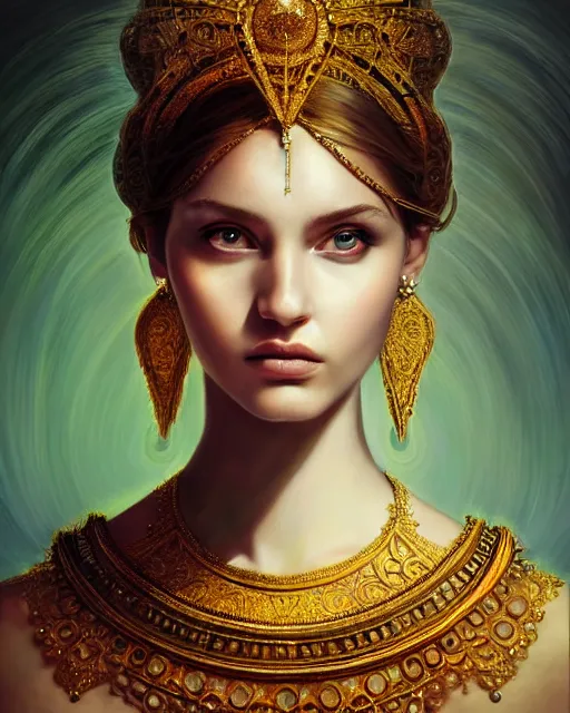 Prompt: portrait of a beautiful goddess, enigmatic beauty, head in focus, intricate, esoteric, elegant, highly detailed, hyperrealistic painting, concept art, painterly, sharp focus, art by