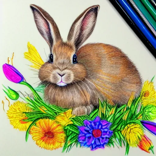 Prompt: fluffy tan lop eared bunny rabbit surrounded by colorful flowers detailed color pencil drawing 4 k