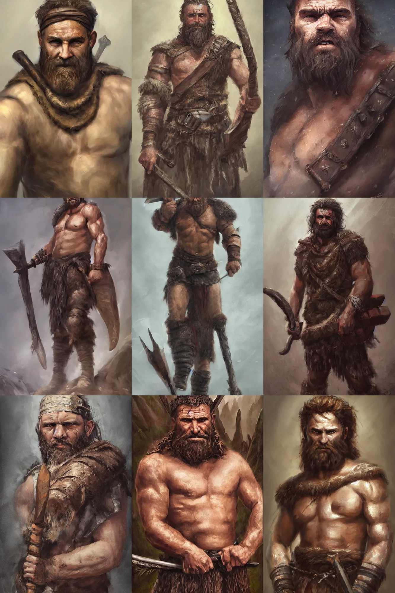 Prompt: a full body fantasy portrait oil painting illustration of a single rugged stoic barbarian man by Justin Sweet with face and body clearly visible, d&d, rpg, forgotten realms, artstation trending, high quality, sombre mood, artstation trending, muted colours, no crop, entire person!,