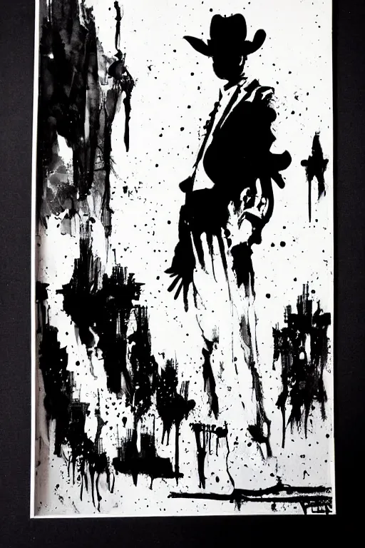 Prompt: ink painting of a single cowboy in style of Sin City by Frank Miller