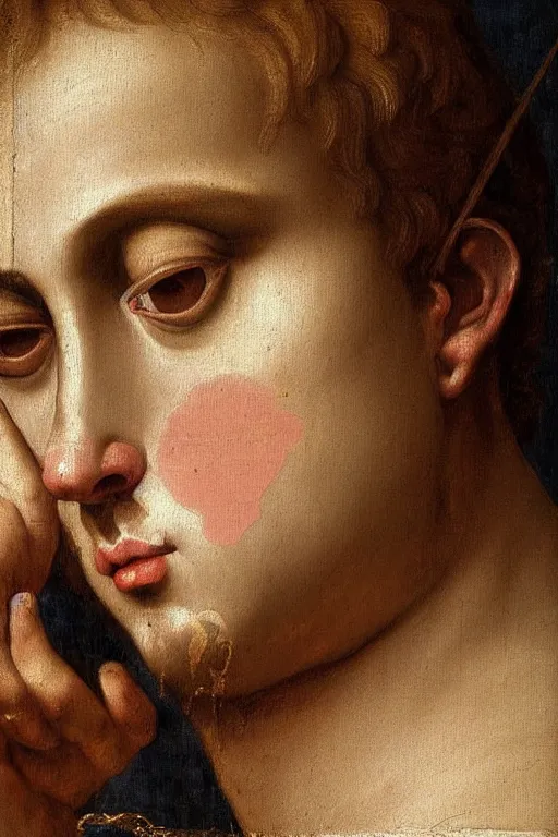 Image similar to renaissance painting of beautiful man, short hair, crying face, tears dripping from the eyes, emotions closeup, dressed in roman armour, ultra detailed, made in bronze, art by Guido Reni style, Vincenzo Catena style