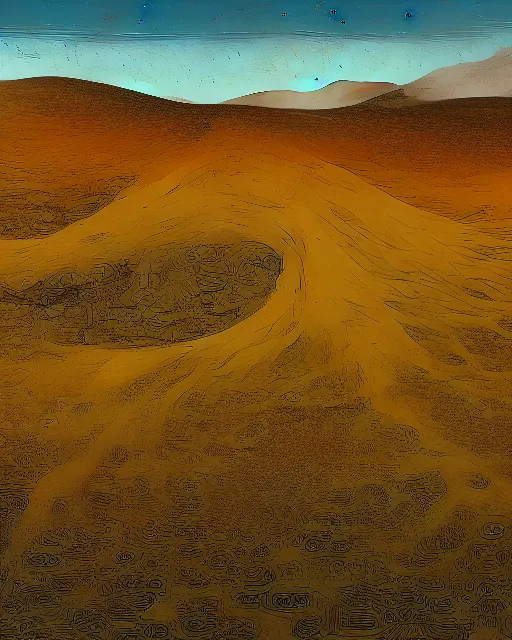 Image similar to bioremediation in the vast desert of atacama, by woodblock print, nicolas delort, moebius, victo ngai, josan gonzalez, kilian eng