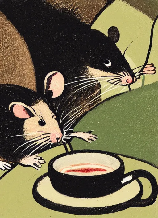 Image similar to an extreme close - up portrait of a mouse family drinking tea, samovar, by billy childish, thick visible brush strokes, shadowy landscape painting in the background by beal gifford, vintage postcard illustration, minimalist cover art by mitchell hooks