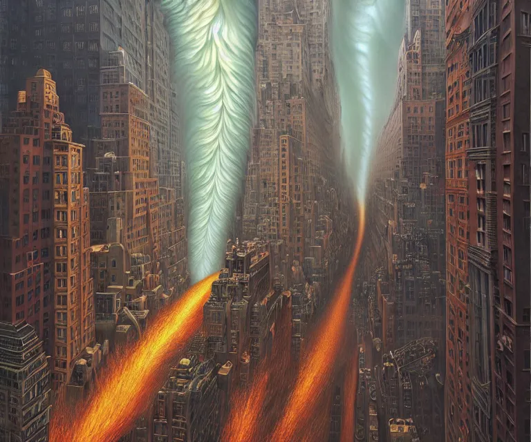 Image similar to hyper detailed 3d render like a Oil painting - a raging tornado over the streets of new york city, by Jacek Yerka, Mariusz Lewandowski, Houdini algorithmic generative render, Abstract brush strokes, Masterpiece, Edward Hopper and James Gilleard, Zdzislaw Beksinski, Mark Ryden, Wolfgang Lettl, hints of Yayoi Kasuma, octane render, 8k