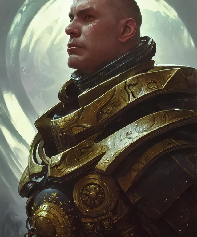 Image similar to Sir Keir Starner as Warhammer 40k Emperor, portrait, fantasy, intricate, elegant, highly detailed, digital painting, artstation, concept art, smooth, sharp focus, illustration, art by artgerm and greg rutkowski and alphonse mucha